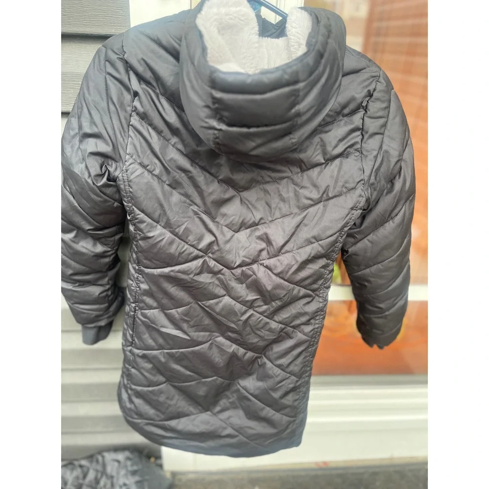 Lands End Girls Black Puffer Jacket Faux Fur Hooded Winter Coat Size M 10-12